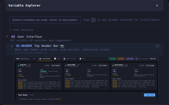 Variable Explorer element detail with screenshot preview