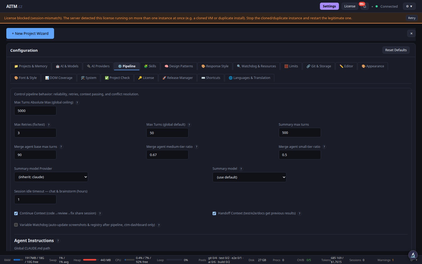 Settings, Pipeline