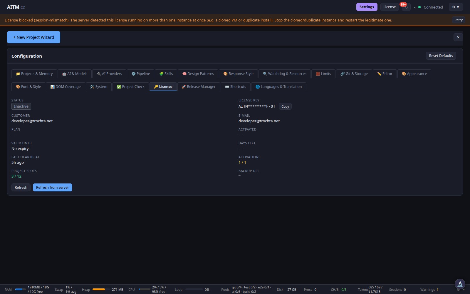 Settings, License
