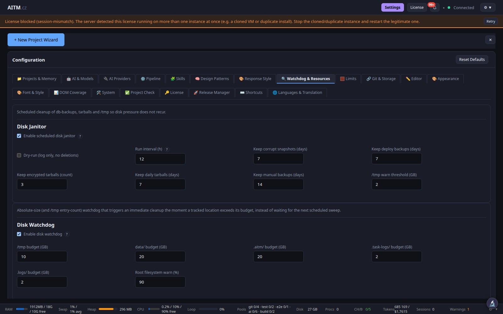 Settings, Watchdog and resources