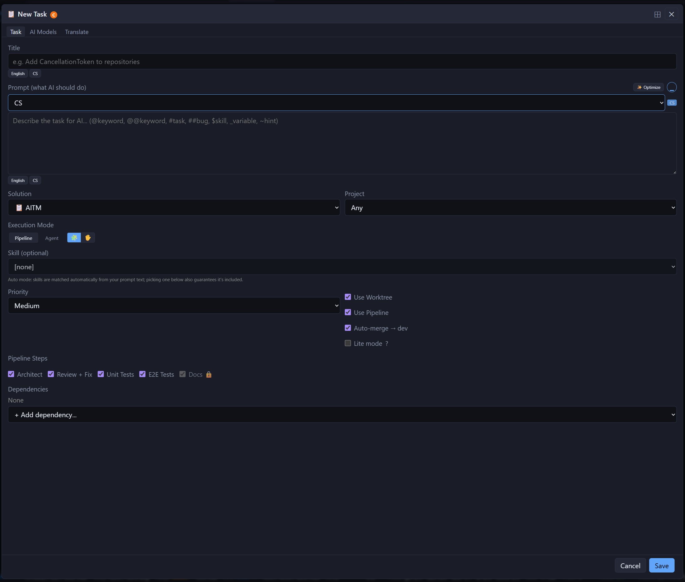 New Task dialog, Task tab