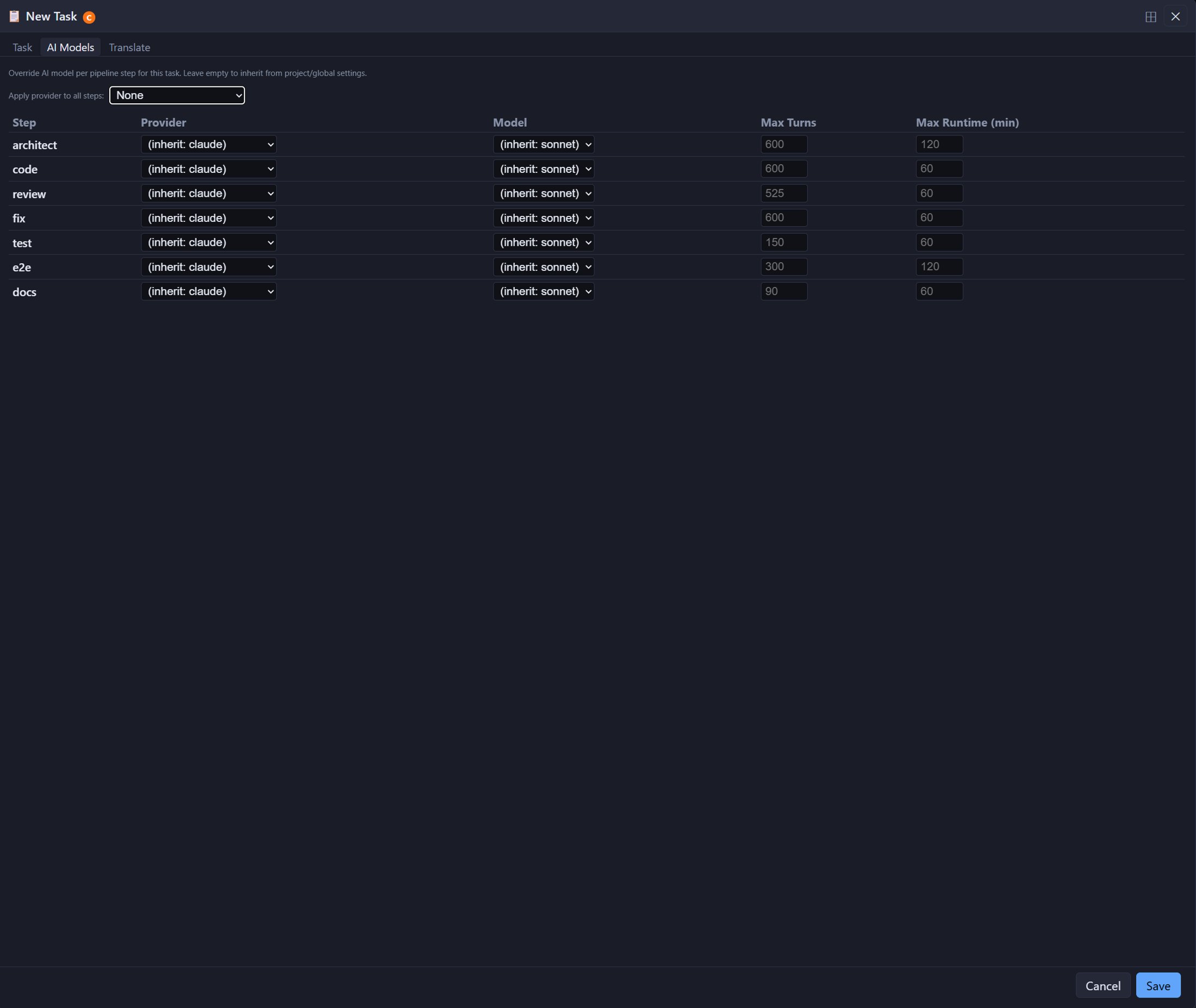 New Task dialog, AI Models tab