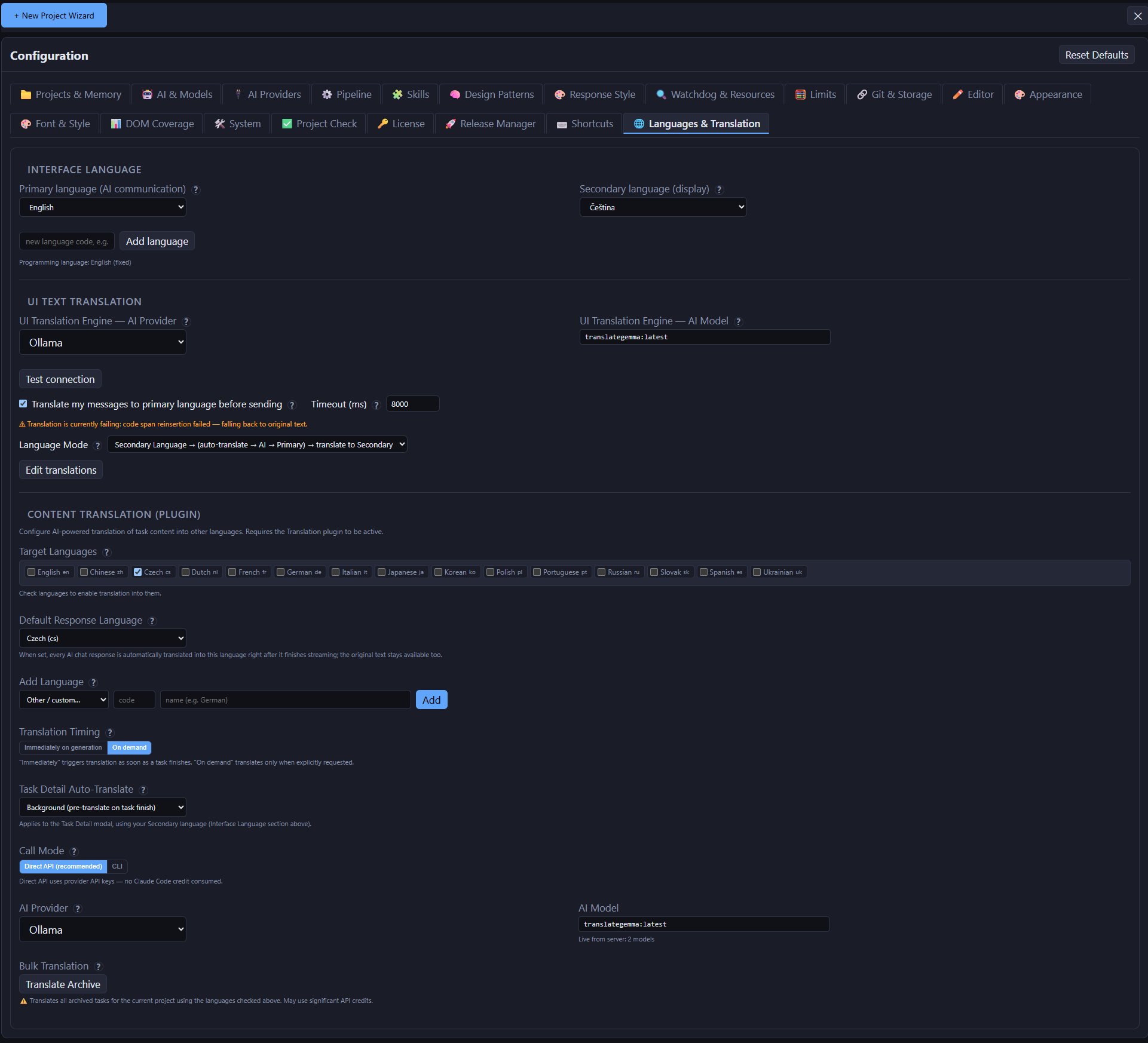 Settings, Language and translation