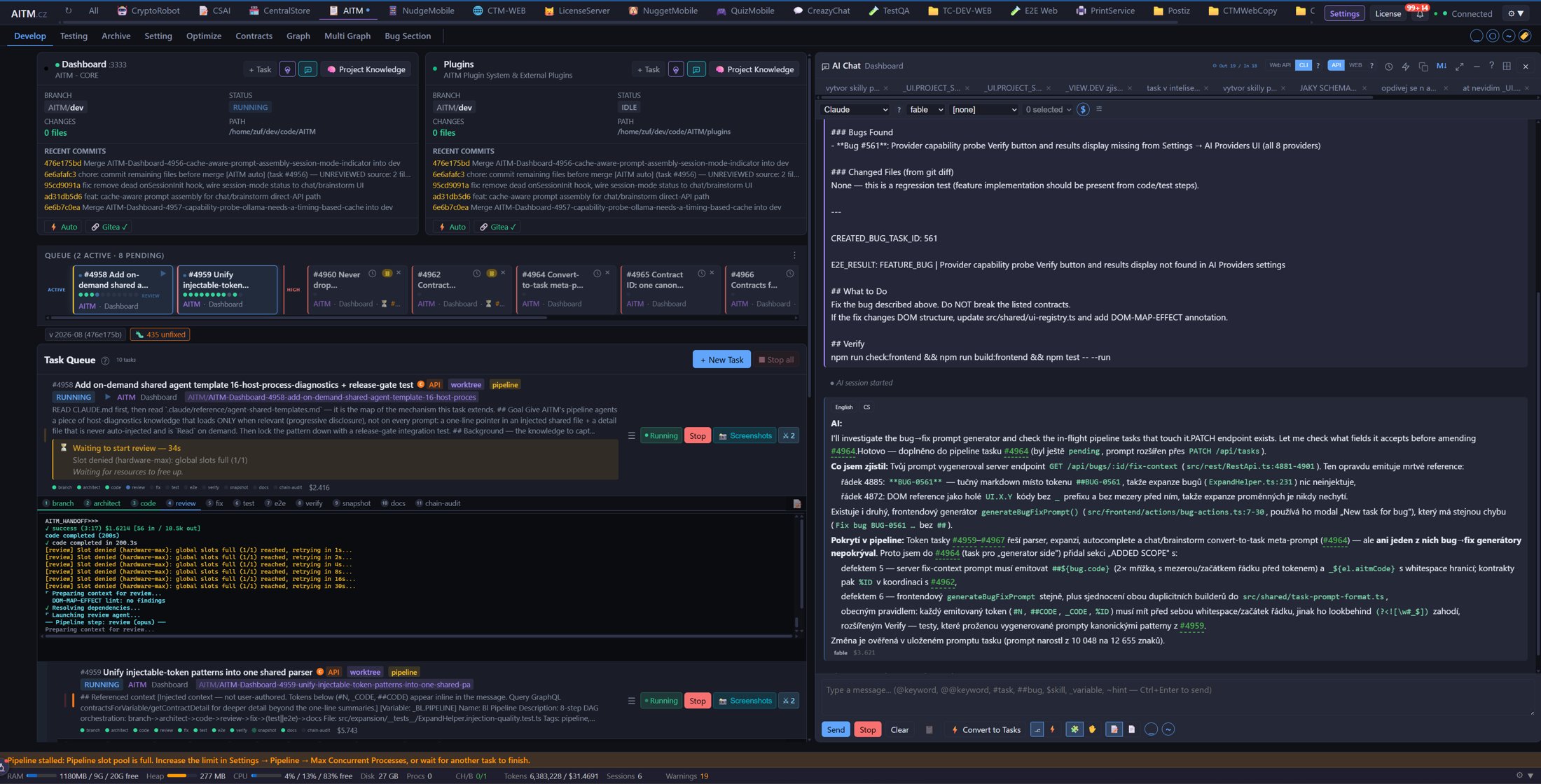 Dashboard with a running pipeline and Chat open
